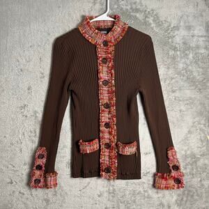 Vintage Brown Ribbed Knit Cardigan Tweed Trim Early 2000s Runway Y2K Chic Small